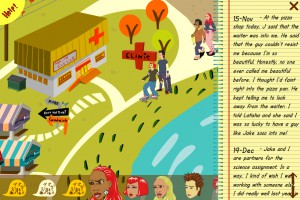 Gameplay screen, where the player and friends explore the town, collecting clues as the story unfolds.